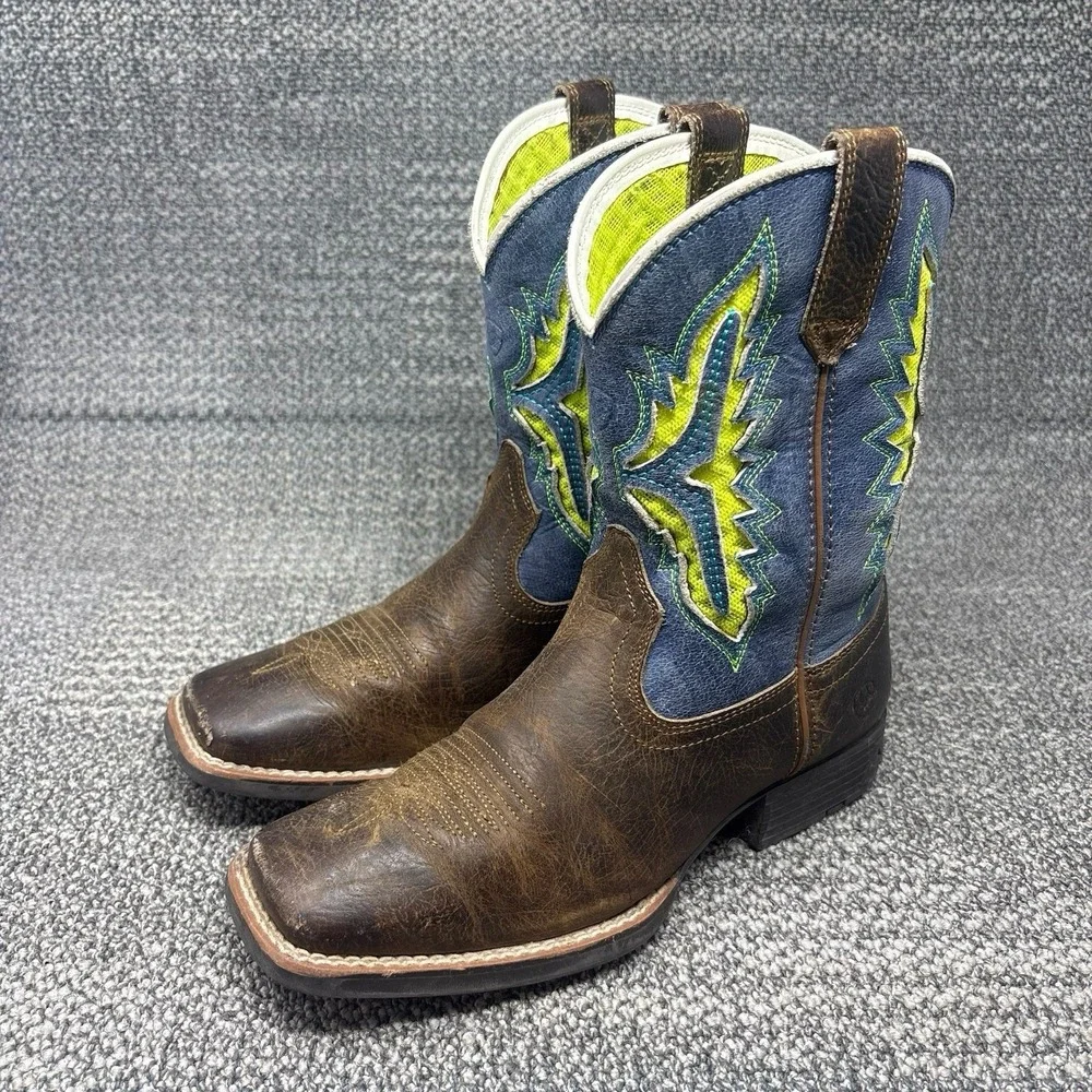 Ariat Koel VentTEK Kids Cowboy Boots Brown Blue Square Toe Youth Size 3.5